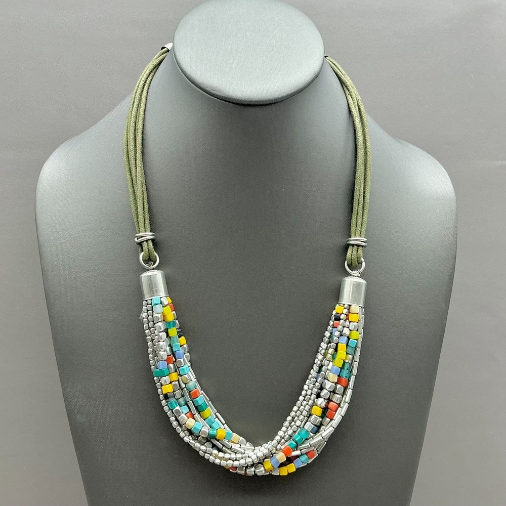 Kenneth Cole Necklace Multistrand Beaded Green Cord Statement Adjustable 18"